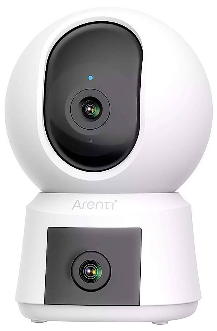 Witte bewakingscamera met twee lenzen; bovenste lens groot en centraal gepositioneerd, onderste lens kleiner aan de basis. Merk 'Arenti'.