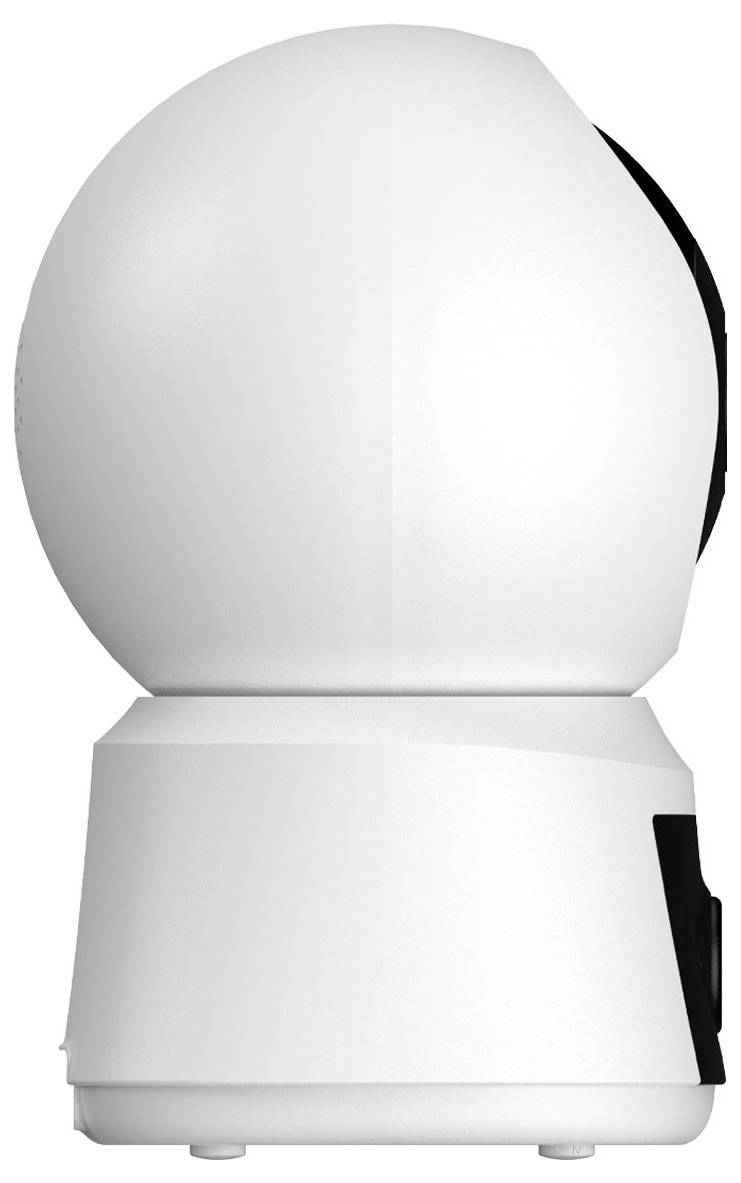 Een witte, bolvormige beveiligingscamera met een modern design, geschikt voor binnenshuis. Hij heeft een draaibare behuizing.