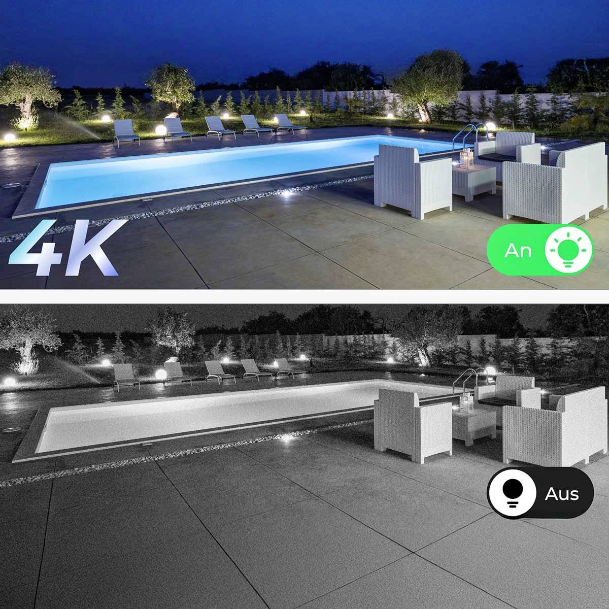 Tuin met verlichte zwembad en zithoek 's nachts; bovenste helft in kleur, onderste helft in zwart-wit. '4K'-symbool en controlesymbolen zichtbaar.