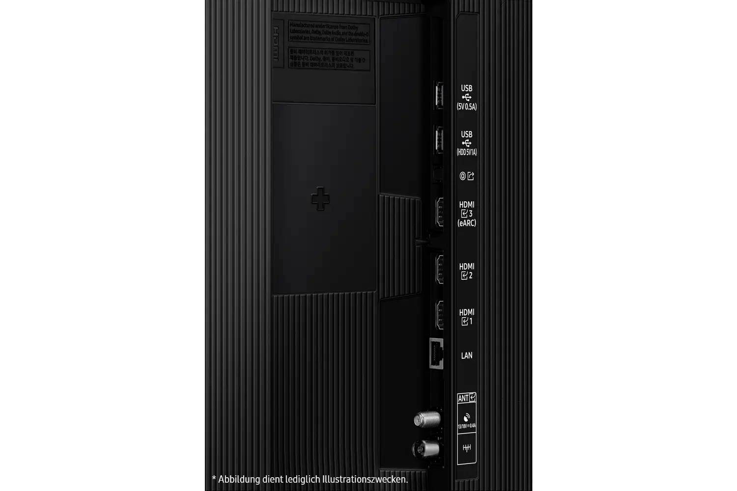 'Achterkant van een televisie met verschillende ingangsaansluitingen, waaronder HDMI, USB en LAN. Zijaanzicht toont aansluitingsdetails.'