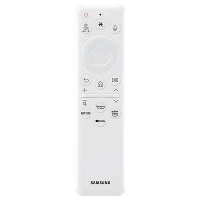 Witte afstandsbediening met knoppen voor stroom, volume, kanalen en streamingdiensten zoals Netflix en YouTube.
