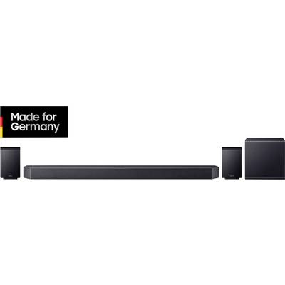 Soundbar-systeem met twee luidsprekers en subwoofer. Opschrift 'Made for Germany' in de hoek.