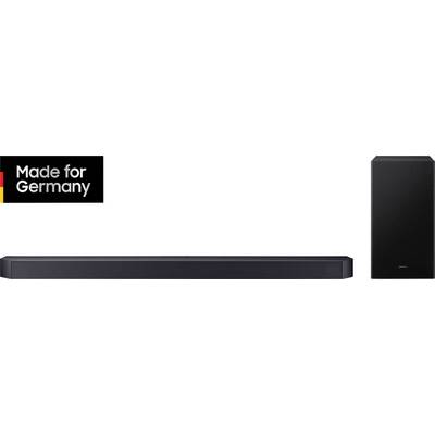 Soundbar met subwoofer, zwart design; naast het logo 'Made for Germany'.
