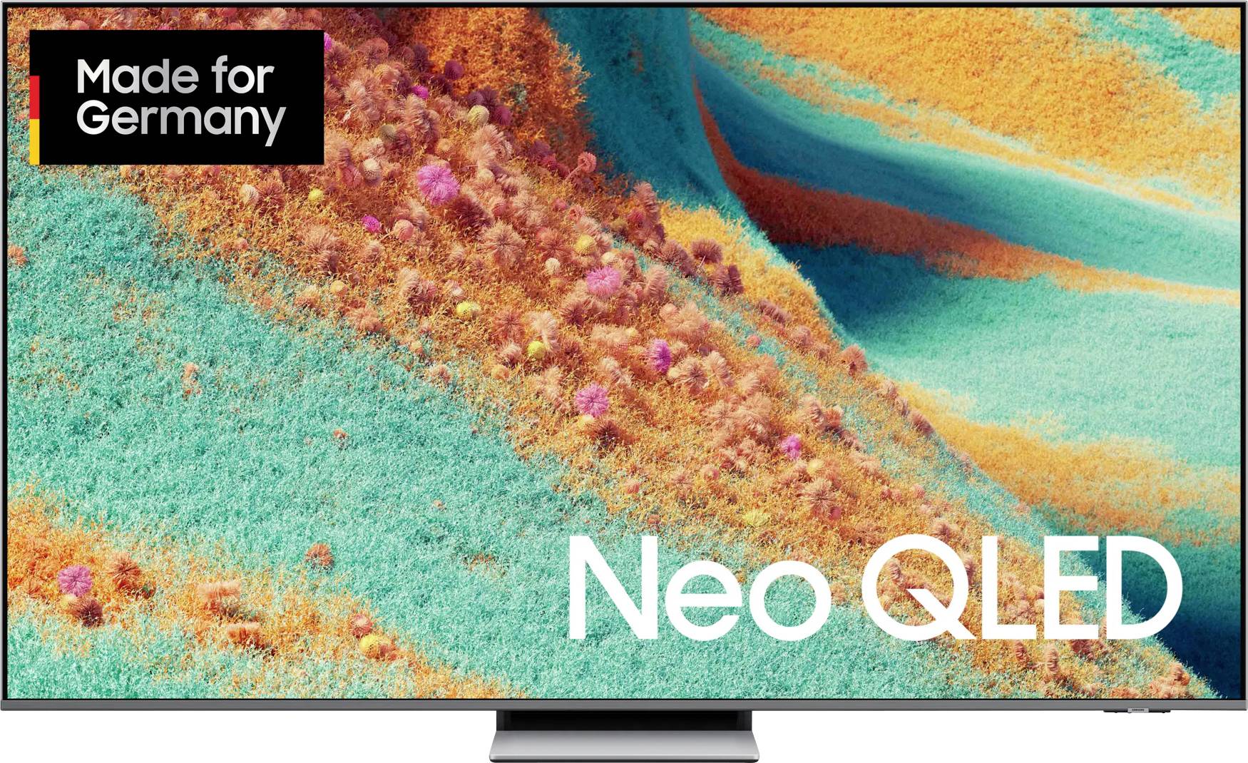 Een televisiescherm toont kleurrijke, abstracte landschappen met de tekst 'Made for Germany' en 'Neo QLED' op het oppervlak.