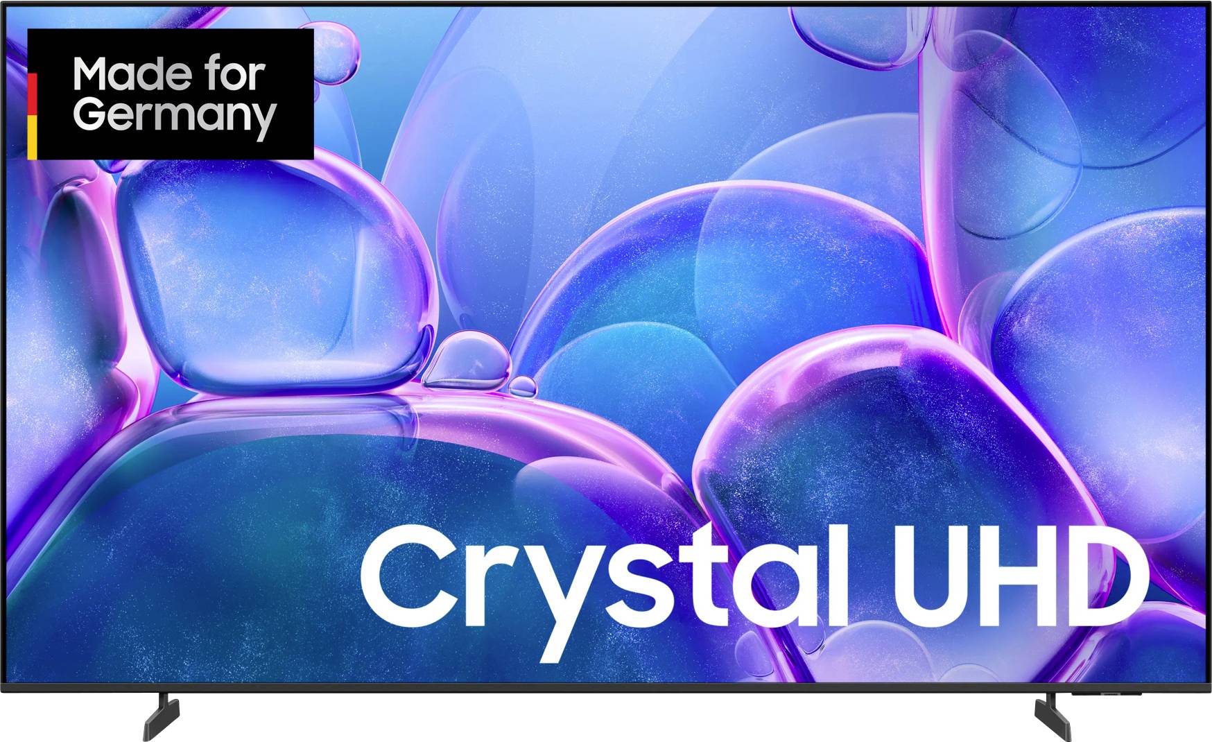 Een tv-scherm met de tekst 'Crystal UHD'. Linksboven is een label met 'Made for Germany'. Achtergrond van kleurrijke, glinsterende bellen.