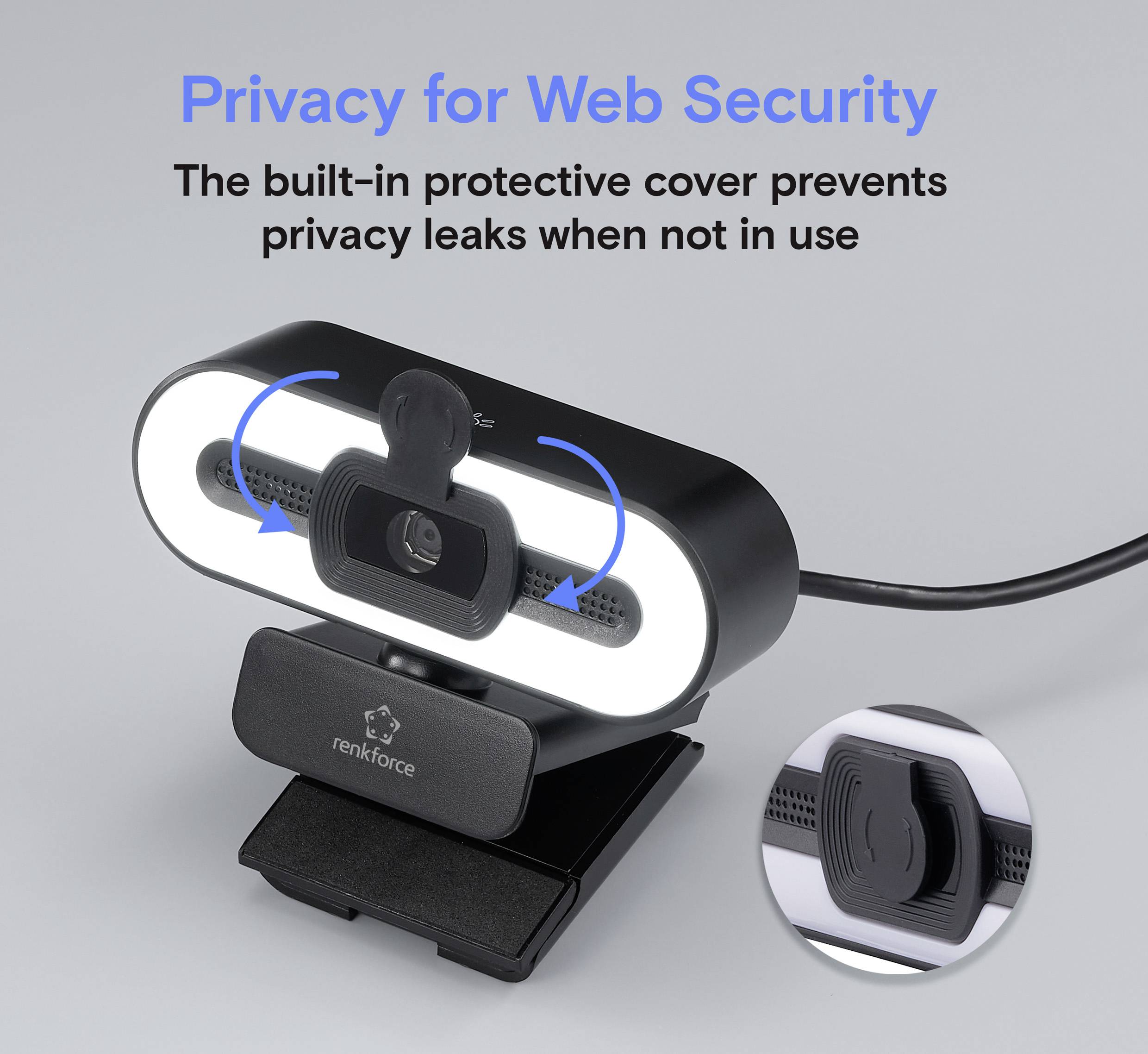 Een webcam met een ingebouwde beschermkap. Tekst luidt: 'Privacy voor webbeveiliging. De ingebouwde beschermkap voorkomt privacylekken wanneer de webcam niet in gebruik is.'