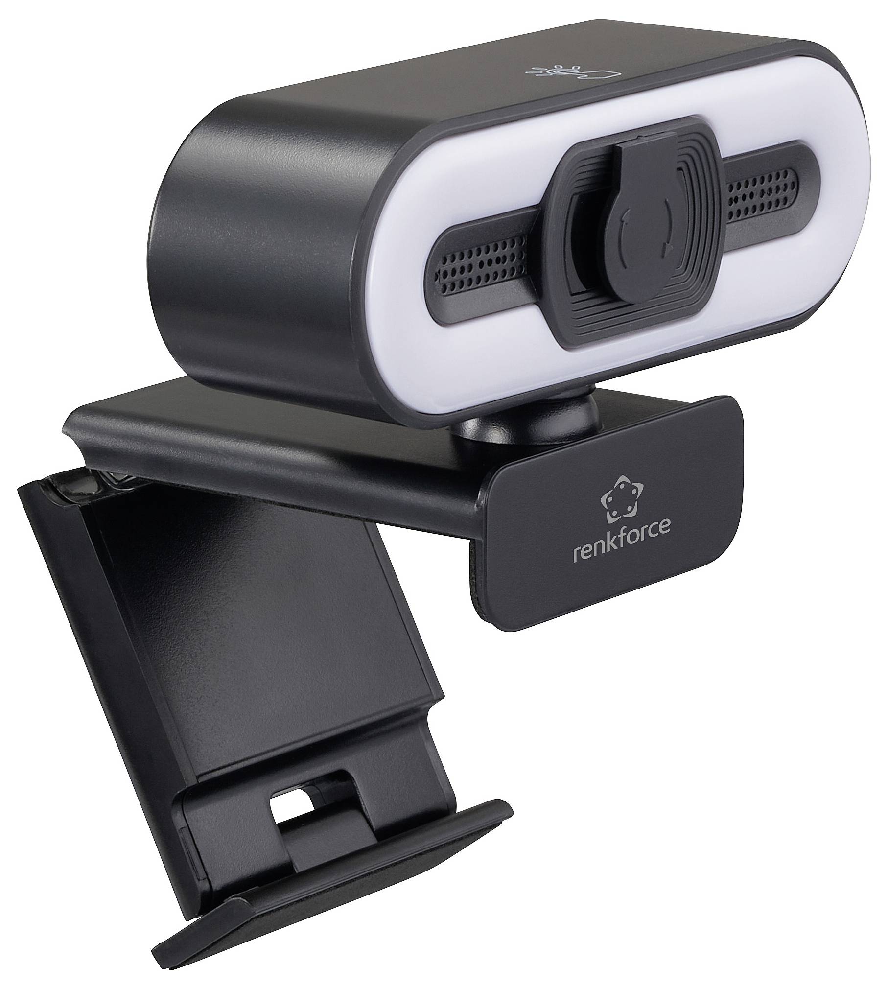 Een zwart-witte webcam met ingebouwde verlichting en een klem om aan monitors te bevestigen, van het merk 'renkforce', licht schuin gepositioneerd.