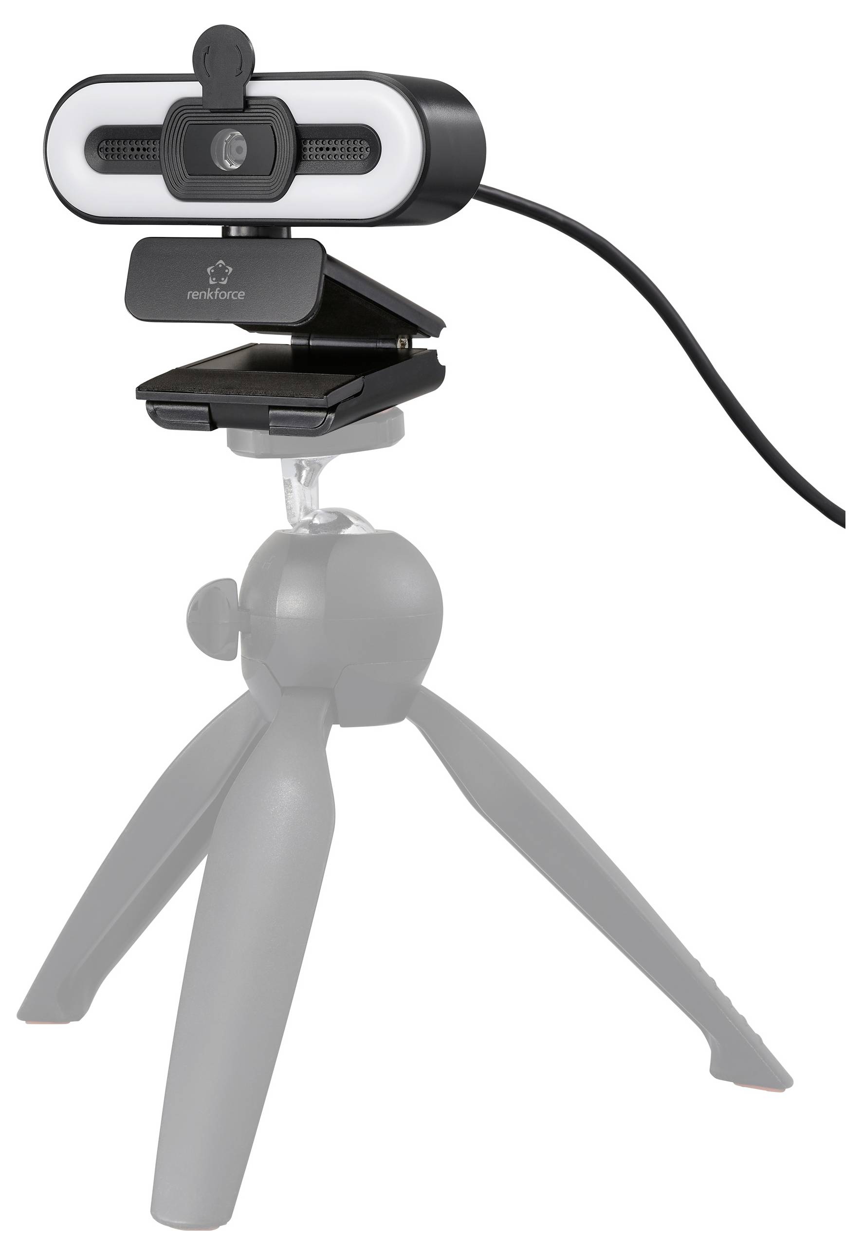 Een compacte webcam gemonteerd op een kleine, verstelbare statief. De webcam heeft een USB-kabel voor verbinding.