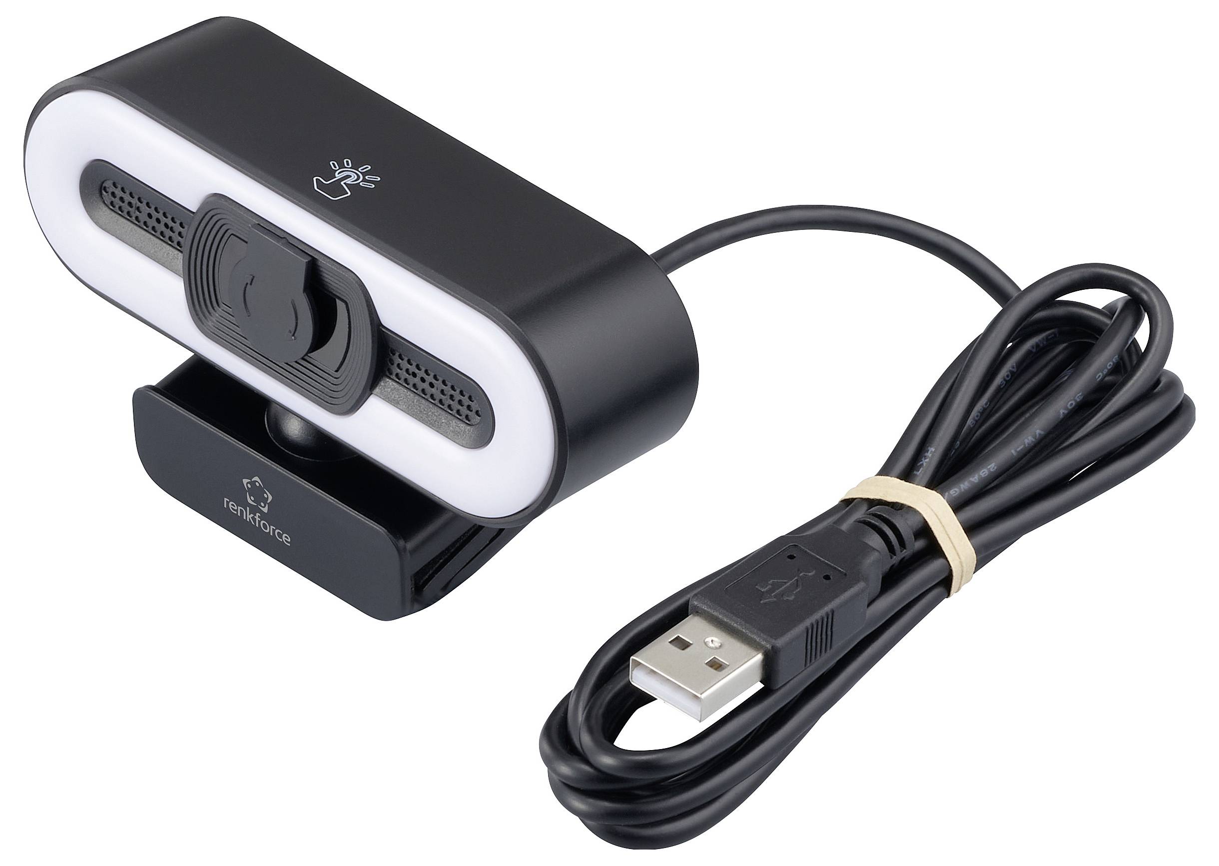 'Een zwarte webcam met een verstelbare klem en USB-kabel, voorzien van een privacyafdekking over de lens.'