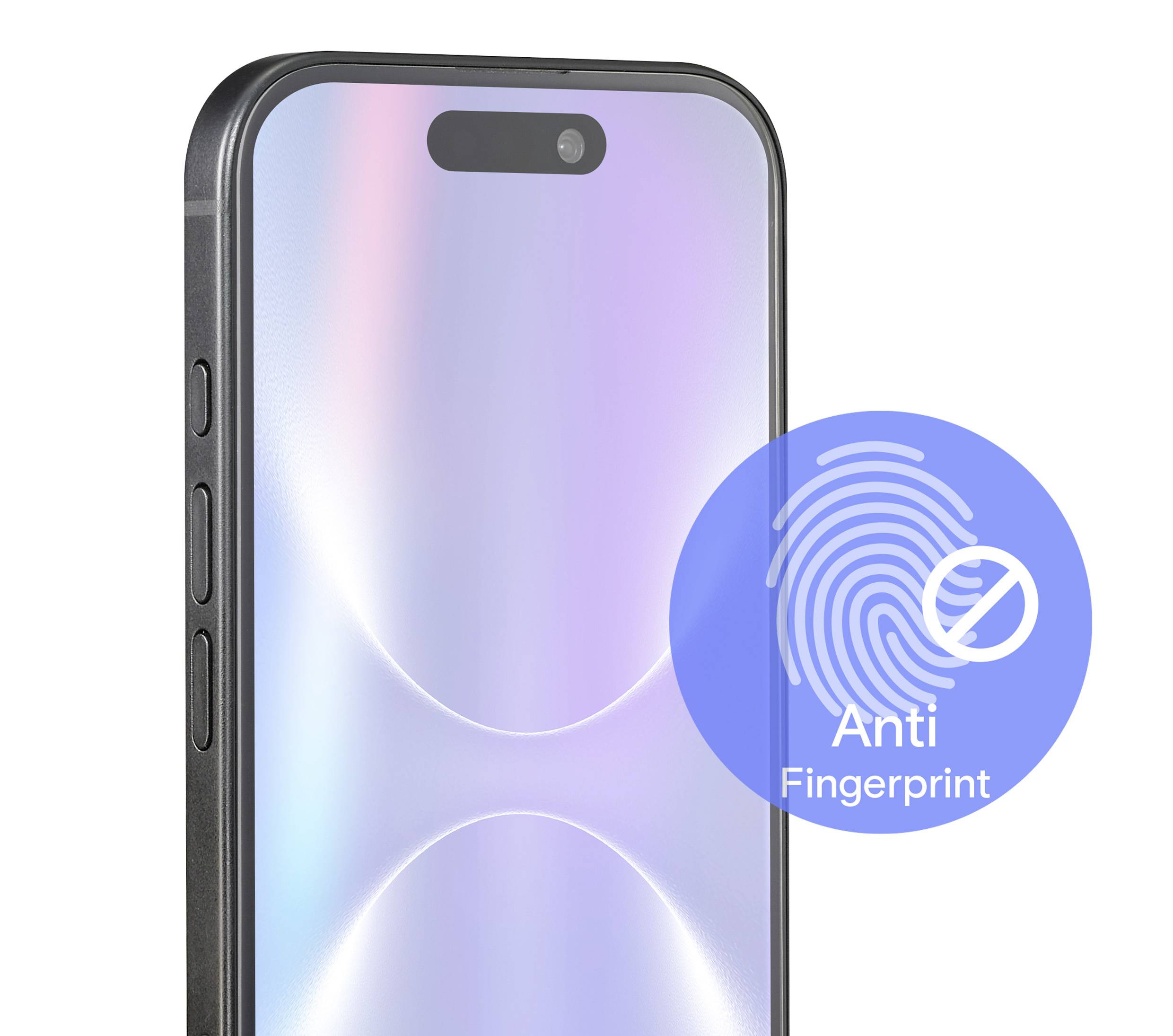 Een smartphone met een reflecterende scherm dat pastelkleuren toont, geaccentueerd door een 'Geen Vingerafdrukken' pictogram dat een anti-vingerafdruk functie aangeeft.