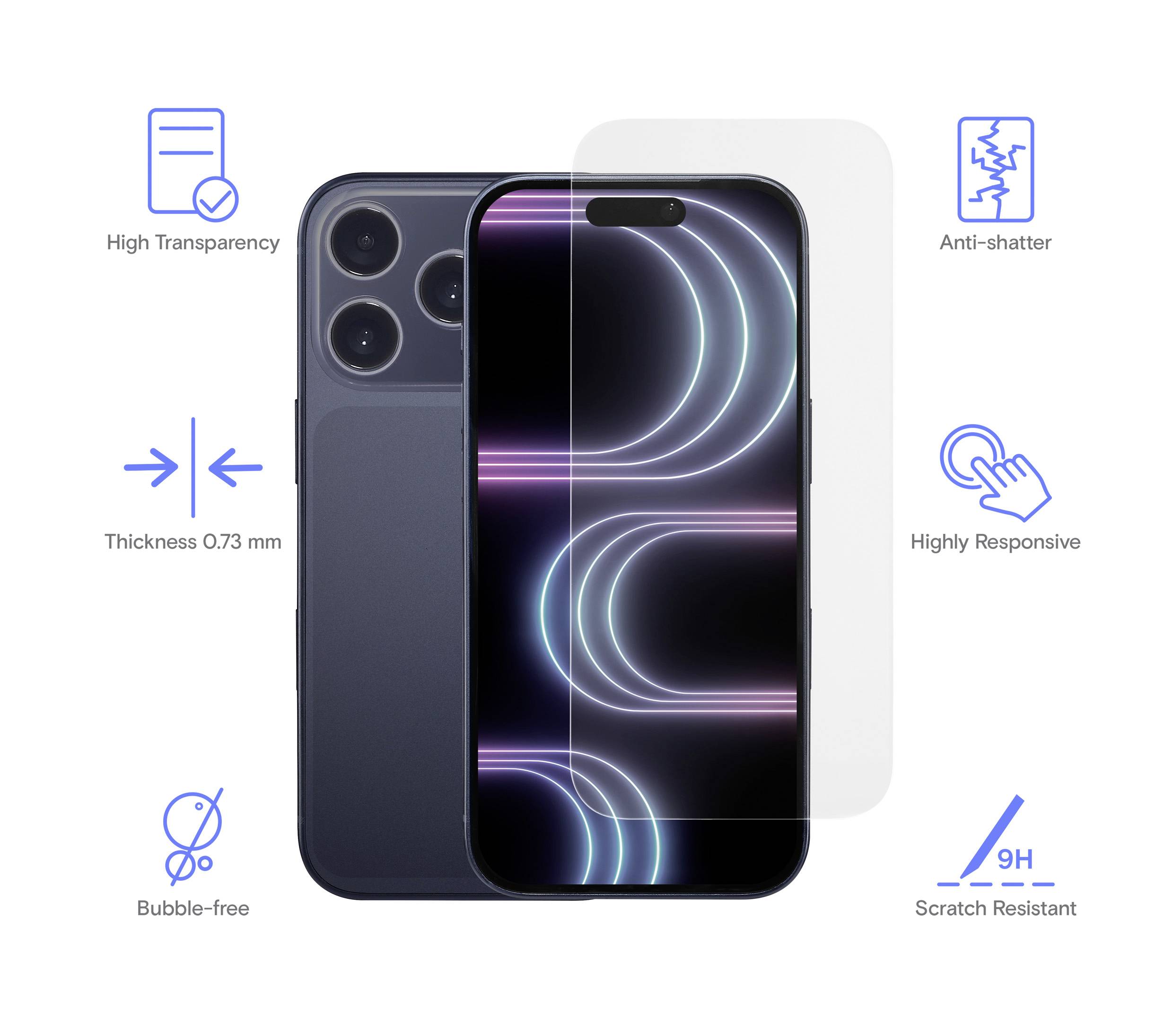 'Glazen screenprotector voor smartphone: Beschikt over hoge transparantie, anti-scherfwerking, 0,73 mm dikte, zeer responsief, belvrij, krasbestendig met een hardheidsschaal van 9H.'