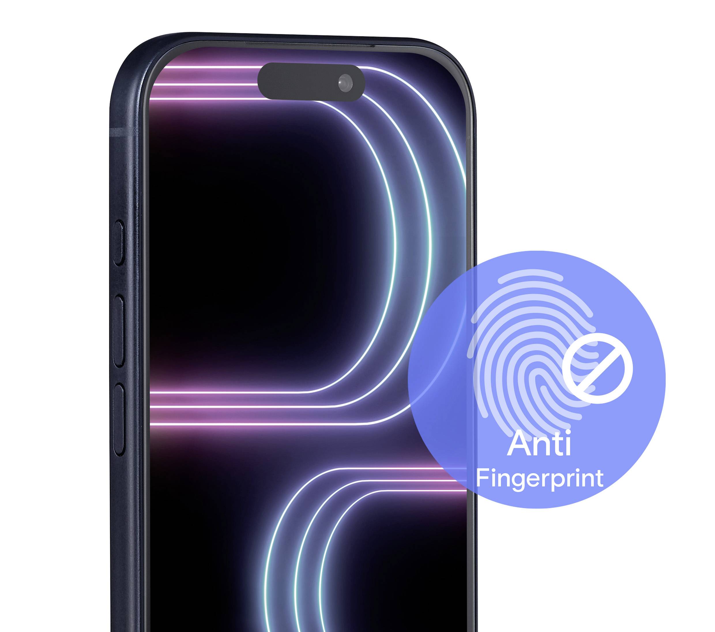 Smartphone met neon-verlicht scherm en rond vingerafdruksymbool met het label 'Anti Vingerafdruk'.