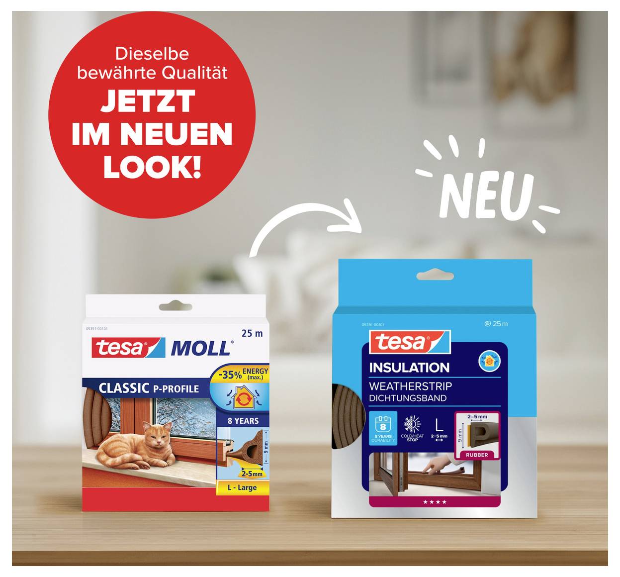 Twee verpakkingen van tesa. Links: 'Classic P-Profil' voor deuren. Rechts: Nieuwe verpakking 'Insulation Weatherstrip afdichtingstape'.