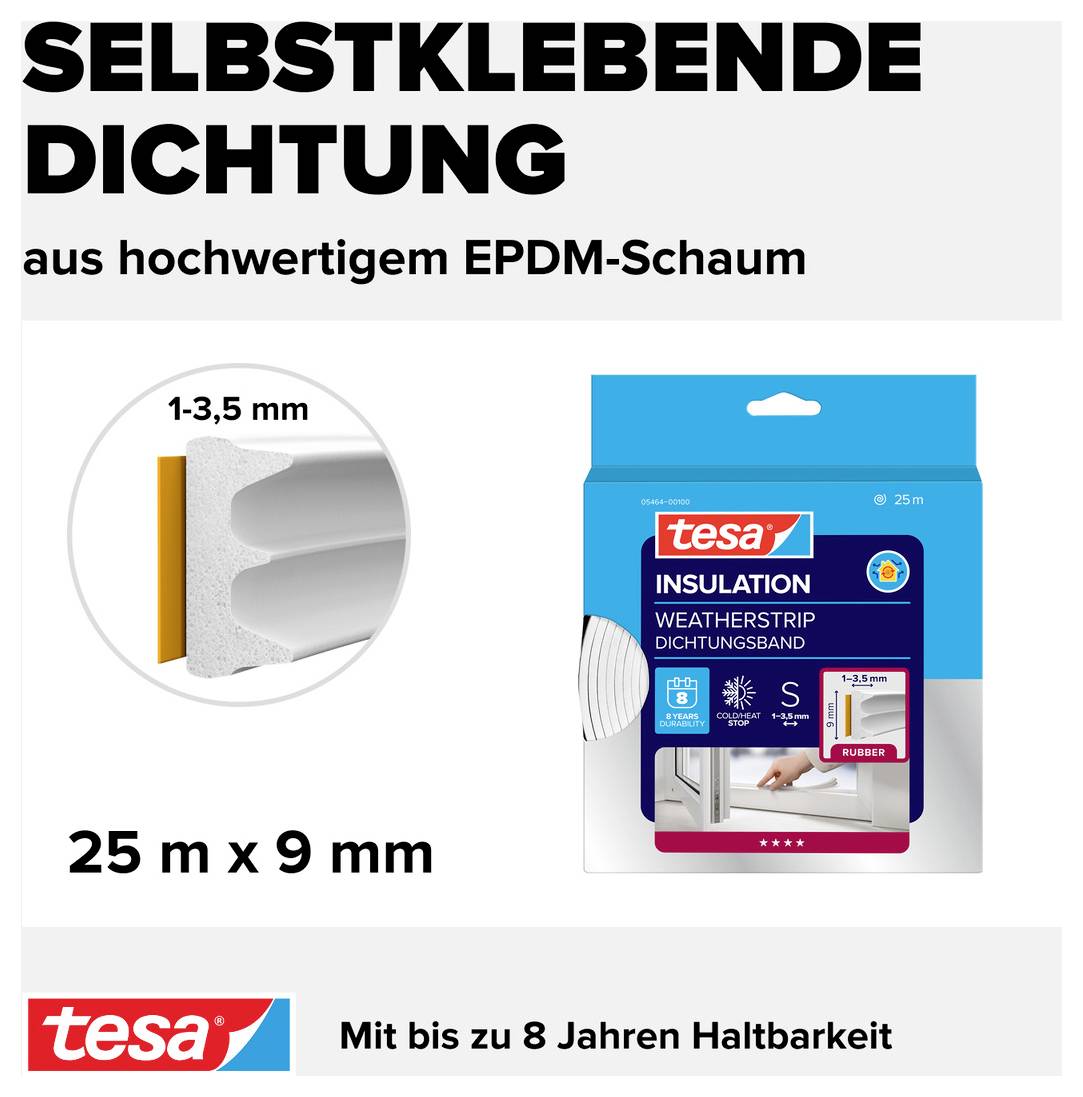 'Isolatie Siliconenafdichtingstape voor het afdichten van deuren en ramen.' Afbeelding toont een hand die een plakband op een raamkozijn aanbrengt. Logo linksonder.
