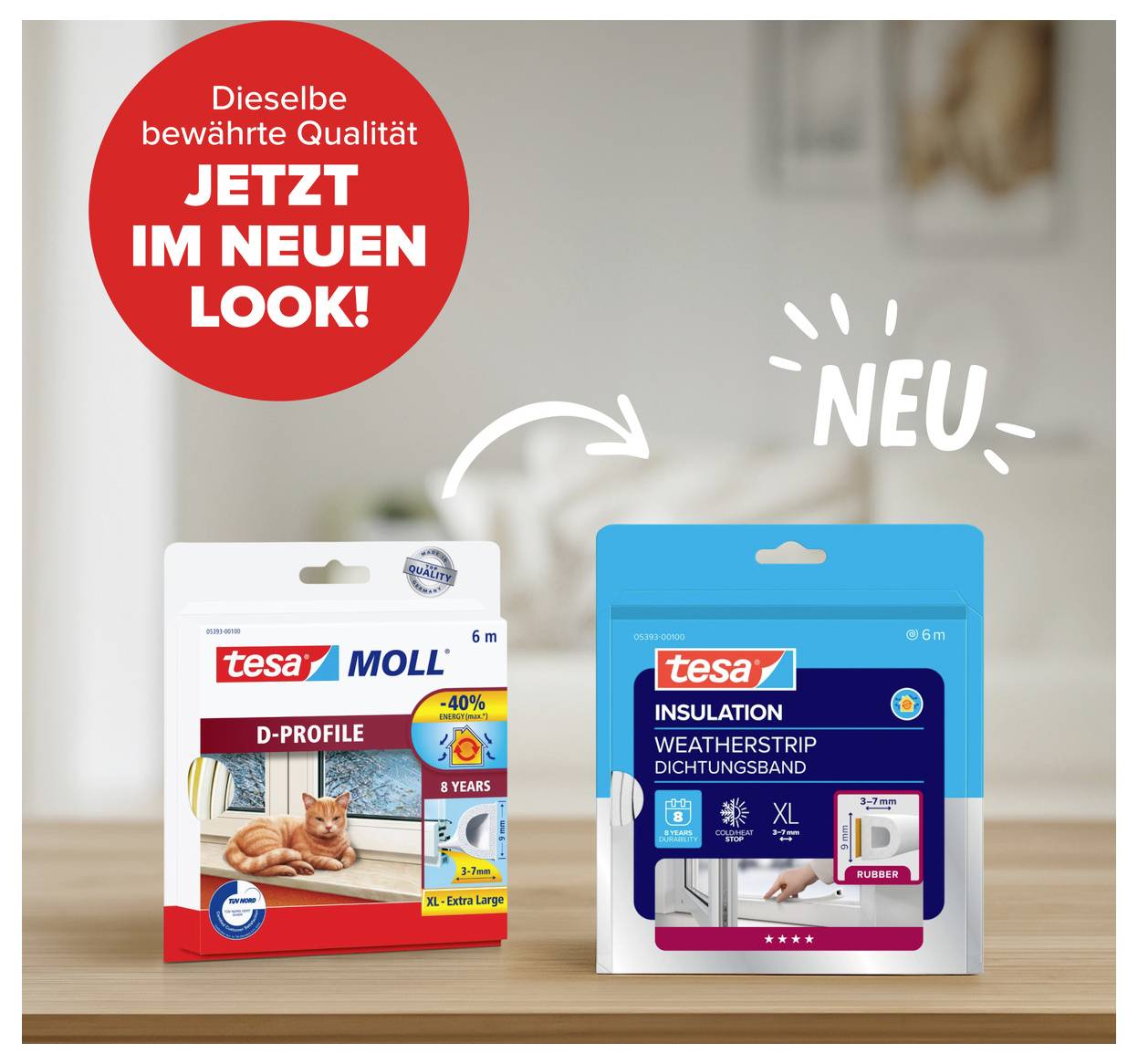 'Twee verpakkingen van Tesa-producten: links D-profiel met kat, rechts nieuw design voor afdichtingstape met 'NIEUW' benadrukt.'