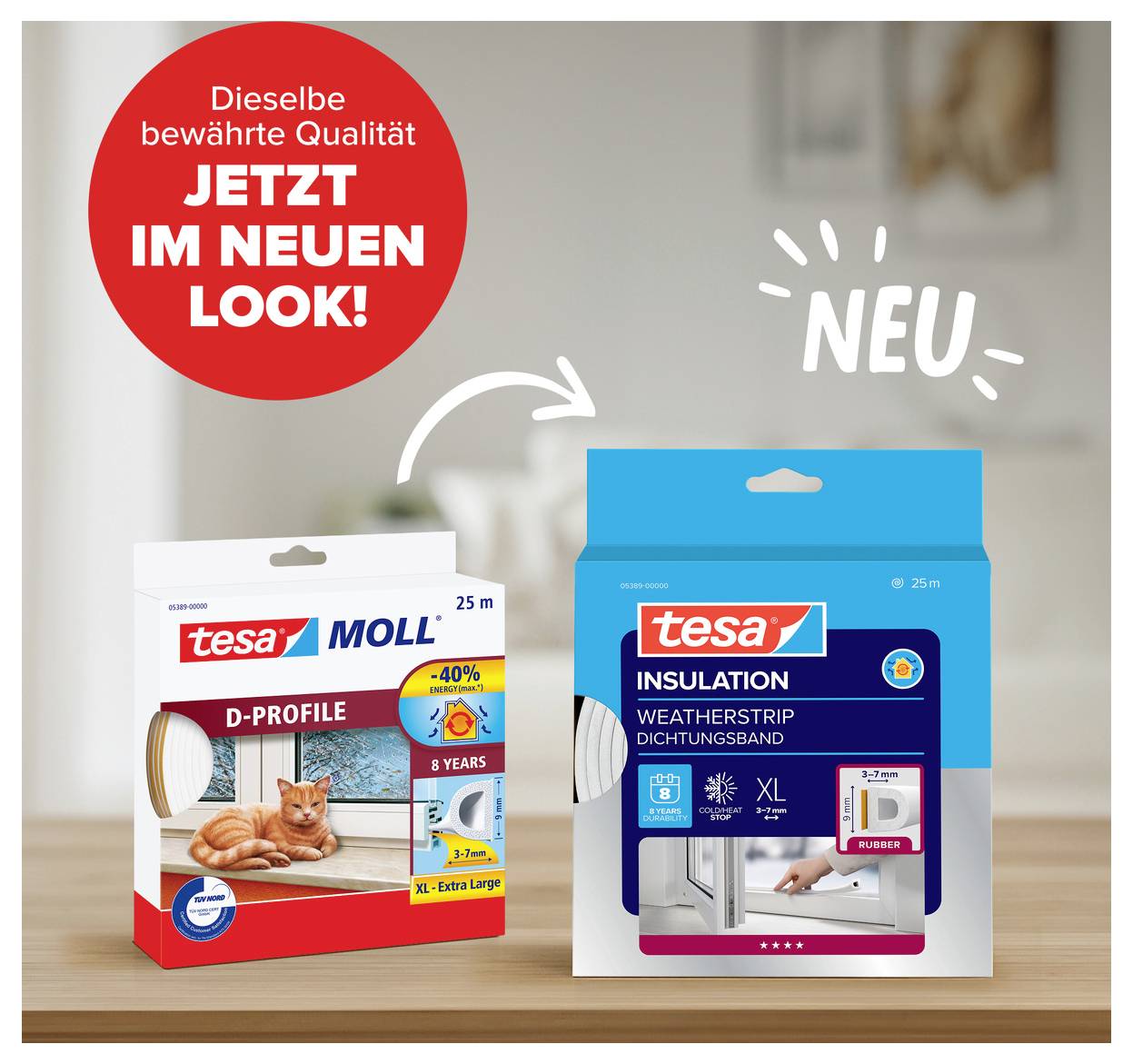'Zelfklevende afdichting van hoogwaardig EPDM-schuim, 25 m x 9 mm. Afbeelding van de afdichting en verpakking met productdetails.'
