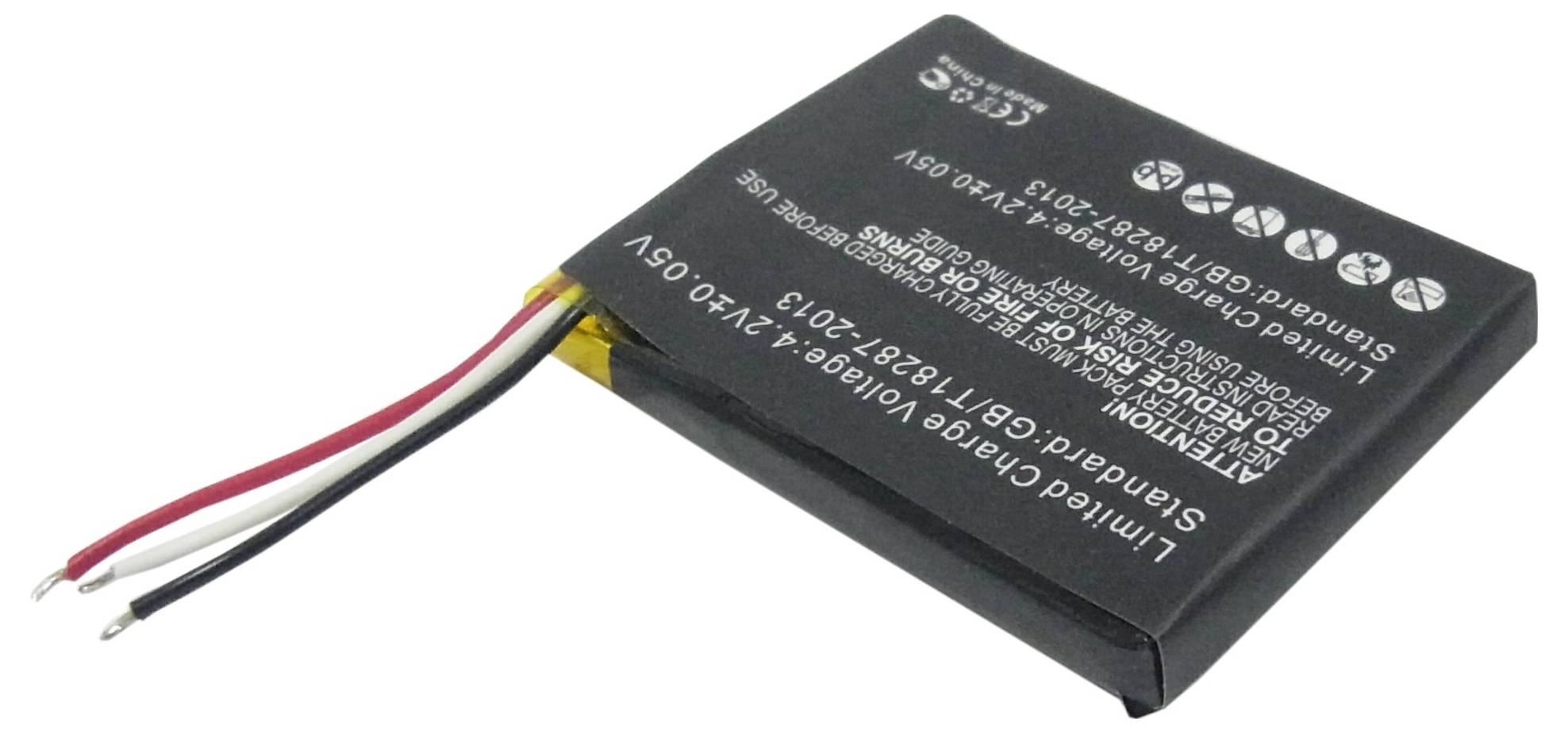 Een lithium-ion accu met drie gekleurde draden (rood, wit, zwart). Op de batterij staan technische specificaties gedrukt.