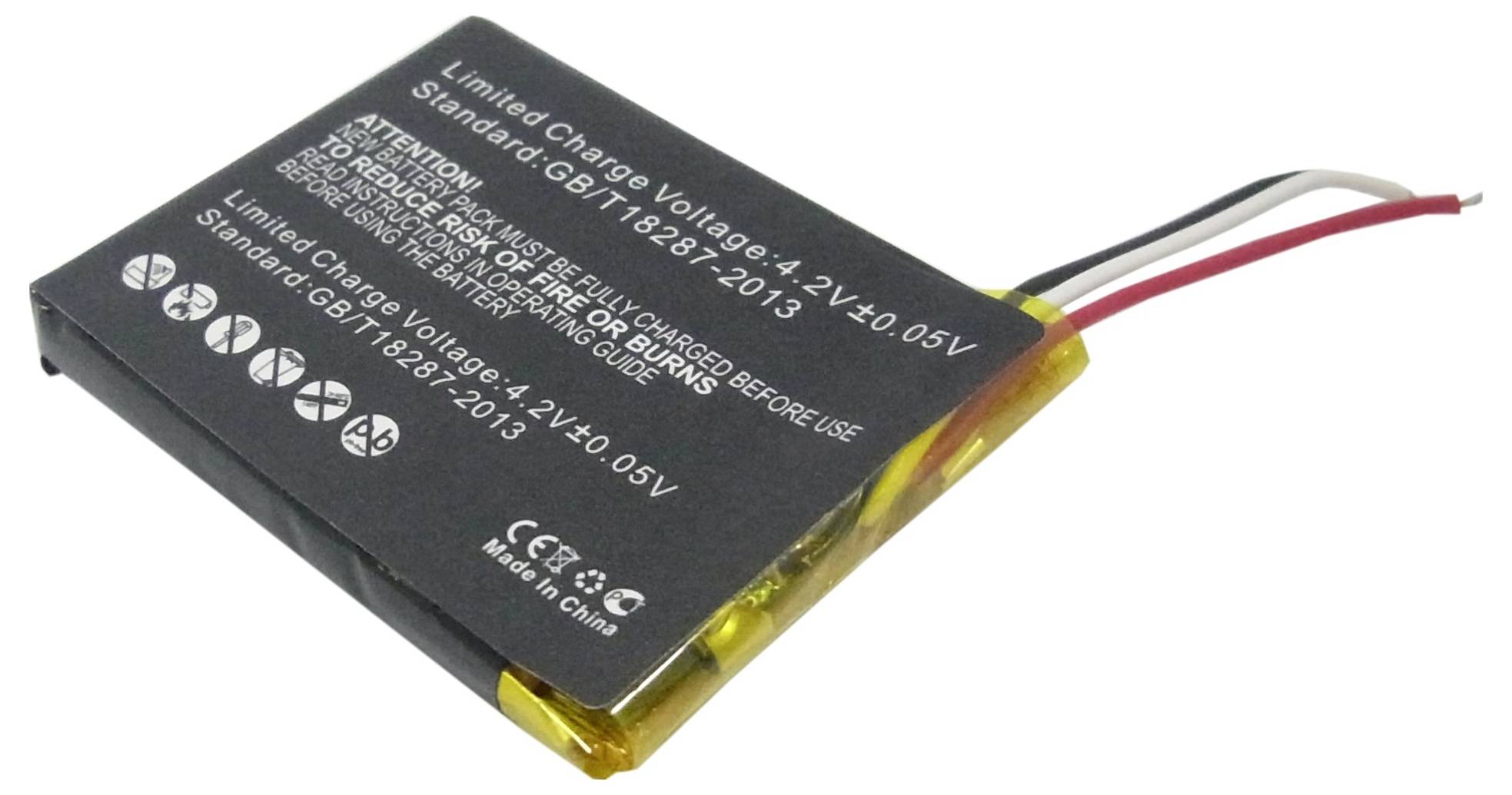 Een platte, rechthoekige lithium-polymeer accu met zwart oppervlak, witte opdruk en drie draden in zwart, rood en wit.