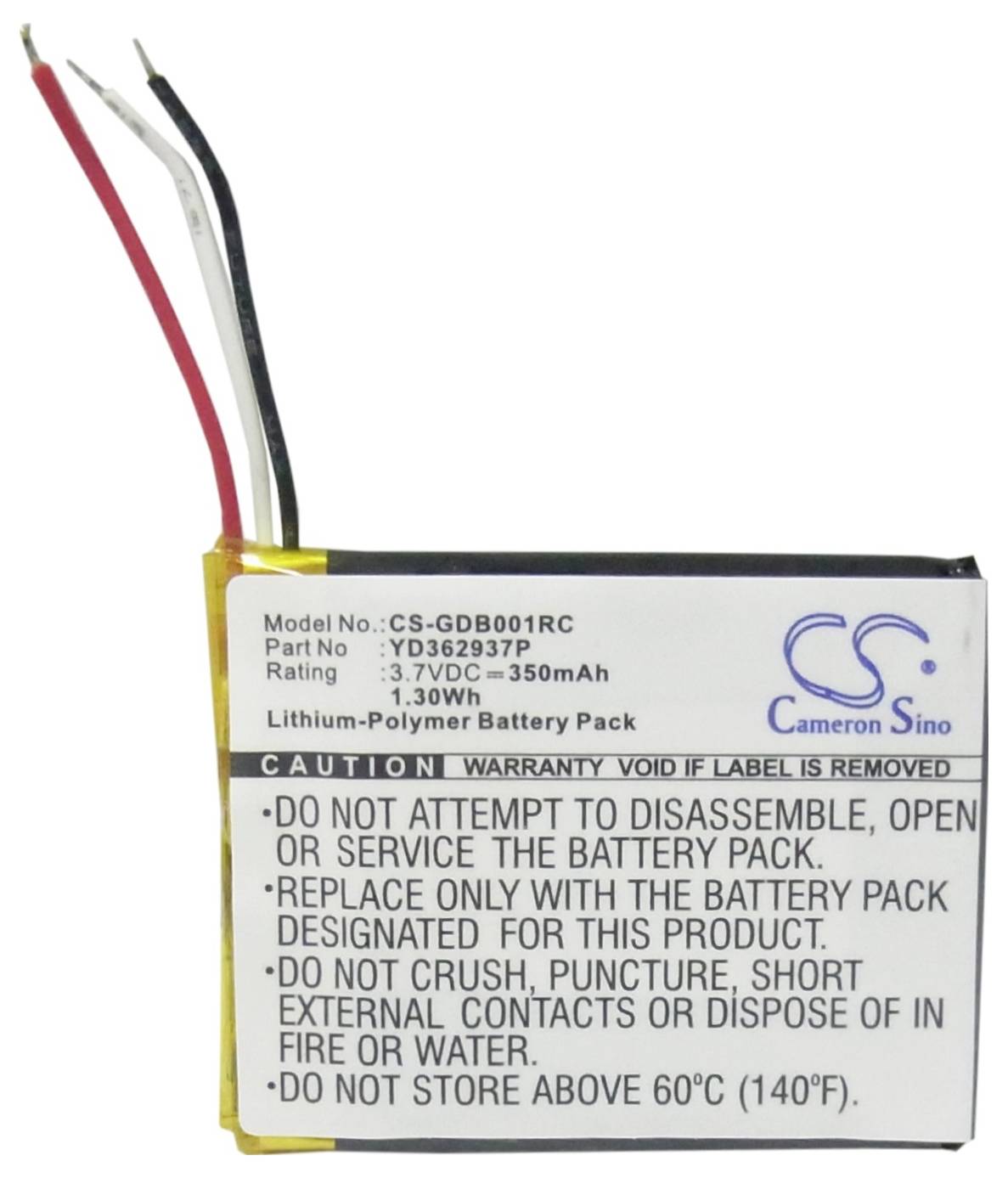 Lithium-Polymer-accu, 3,7V 350mAh. Waarschuwingen: Niet demonteren, openen of in het vuur gooien. Alleen gebruiken met passende oplader.