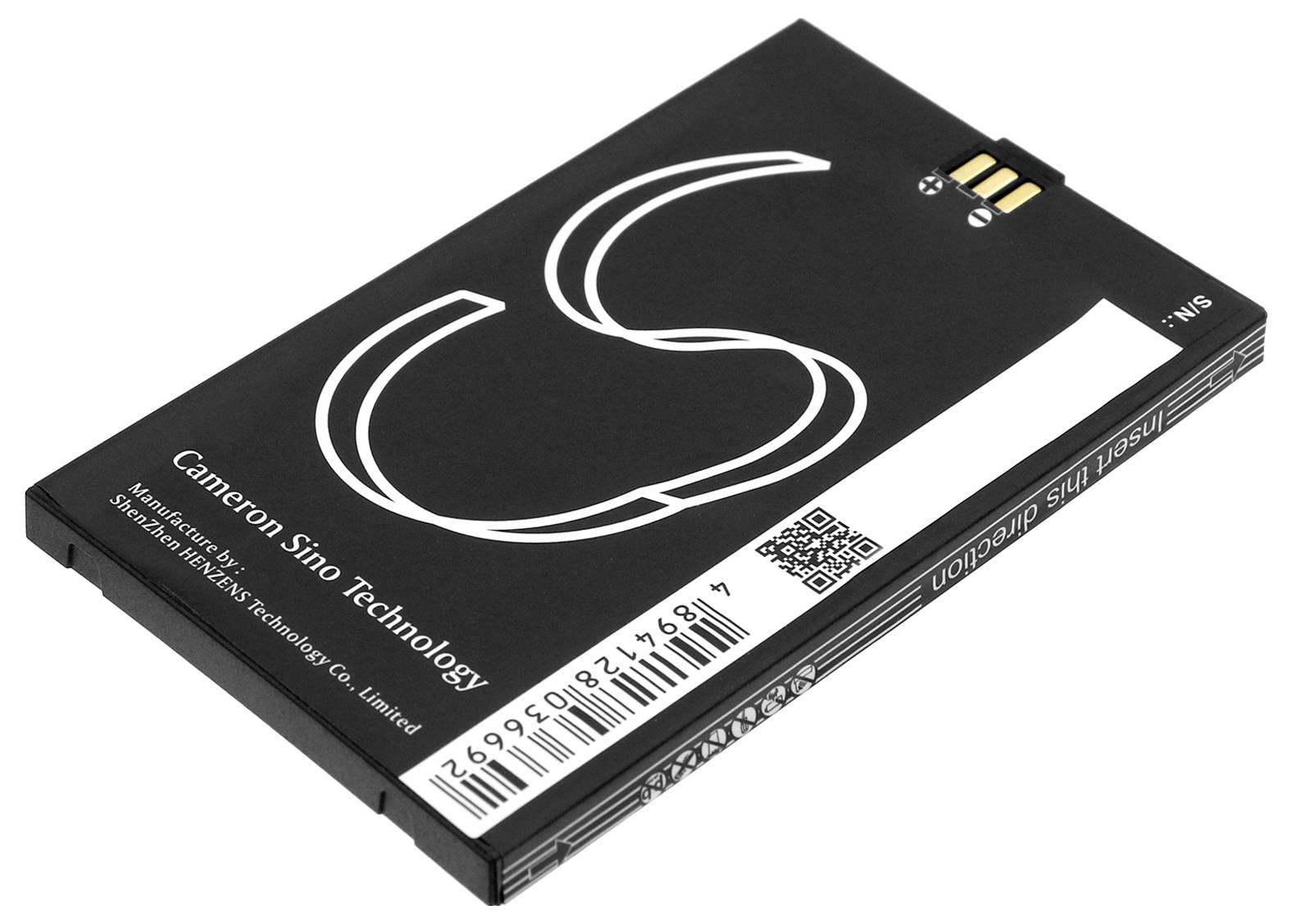 Zwarte lithium-ion batterij met witte markeringen en barcode, geproduceerd door Cameron Sino Technology.
