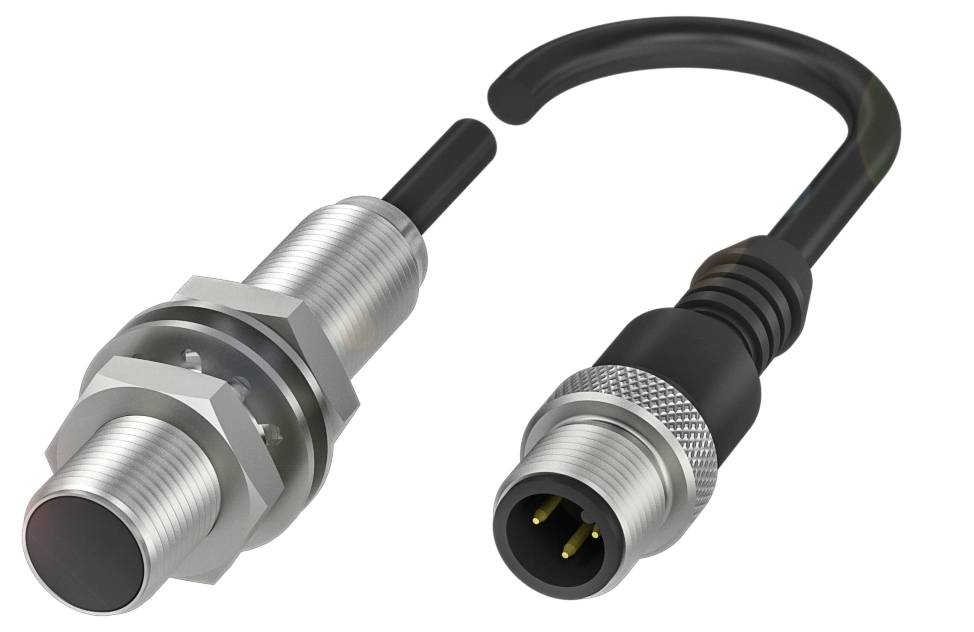 Twee metalen stekkers, een met schroefdraad en kabel, de andere met steekverbinding, voor elektrische verbinding.