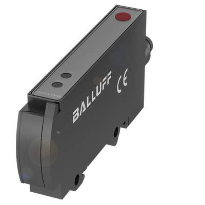 Een rechthoekige, zwarte sensor van Balluff met CE-markering en een rode knop, geschikt voor industriële toepassingen.