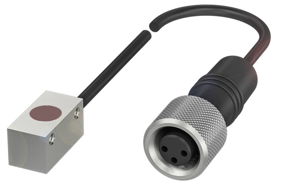 Een zilvergekleurde, vierkante magneet met zwarte kabel, verbonden met een ronde, geribbelde aansluiting.
