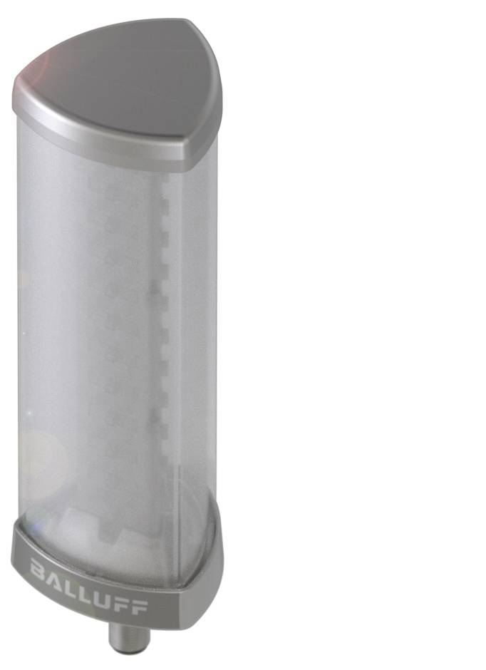 Een transparante cilindrische sensor van Balluff met metalen uiteinden, gebruikt voor meting of controle in technische toepassingen.