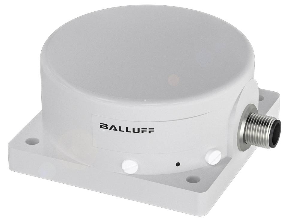 Een ronde, witte sensor met zichtbare aansluitstekker op een rechthoekige basis.