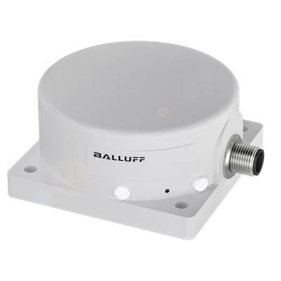 Een ronde, witte sensor met zichtbare aansluitstekker op een rechthoekige basis.