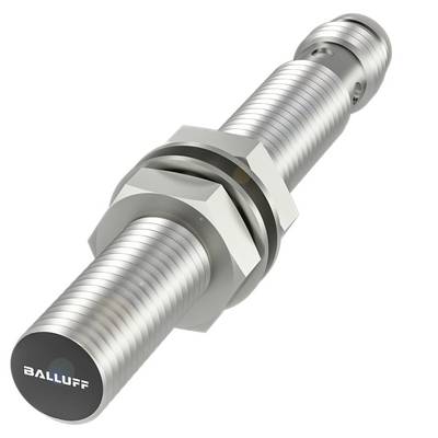 Een cilindrische, metalen sensor van Balluff met groeven en een schroefdraad die dient voor bevestiging.