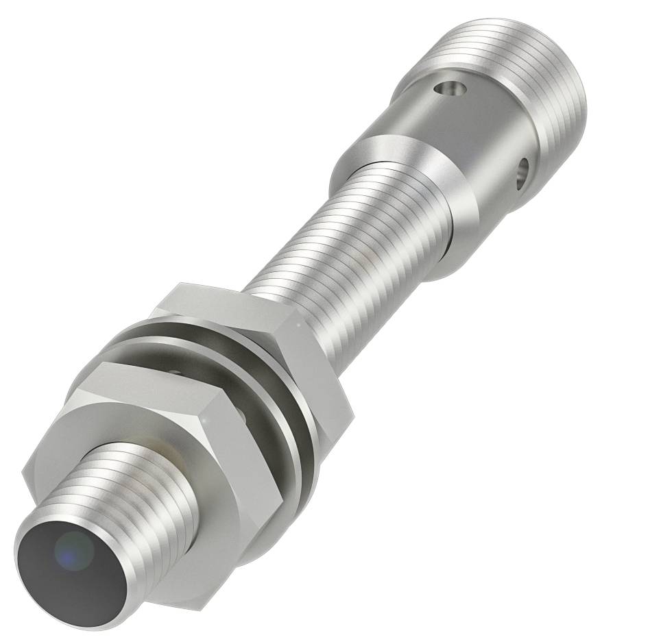 Een cilindrische metalen sensor met schroefdraad en zeskantige moer, geschikt voor montage in machines of technische apparaten.