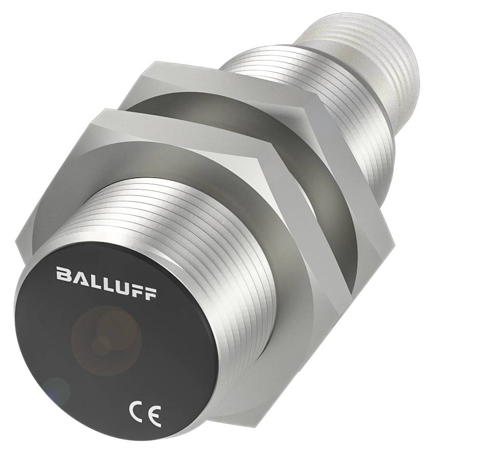 Een cilindrische, metalen sensor van Balluff met CE-markering, geschikt voor industriële toepassingen.