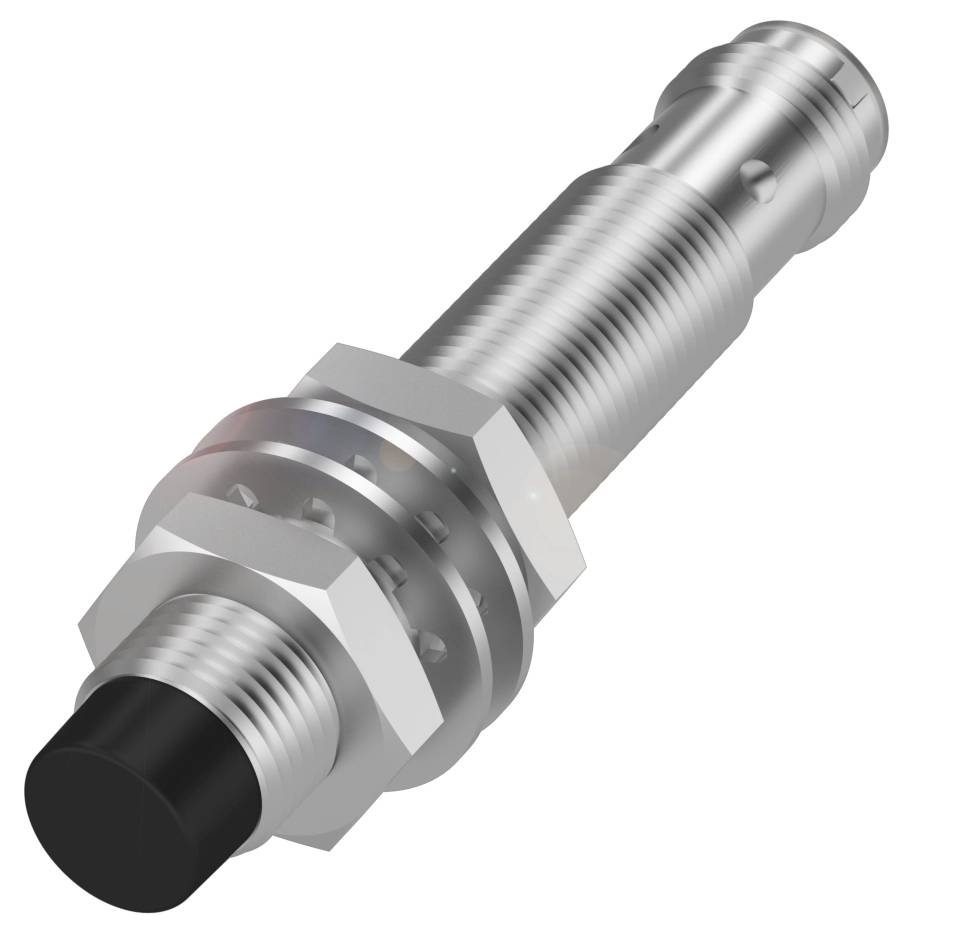 Metaalsensor met twee moerringen voor bevestiging, cilindrisch lichaam, zwarte kop, typisch voor industriële toepassingen.