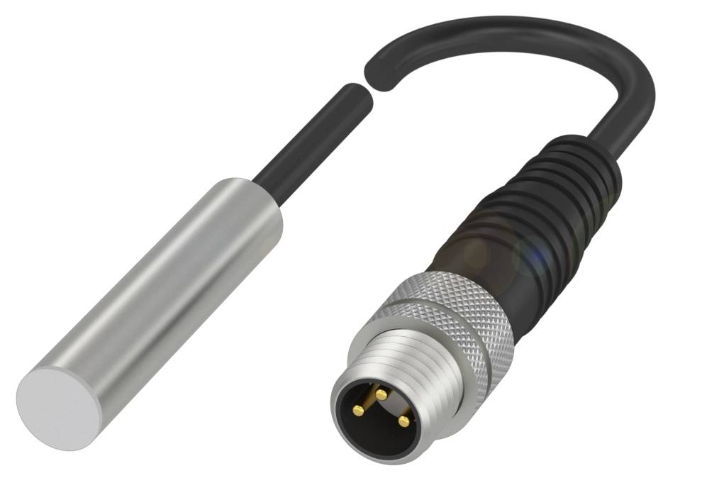 Inductieve naderingsschakelaar met cilindrische sensor en aansluitkabel met M8-stekker, geschikt voor industriële toepassingen.