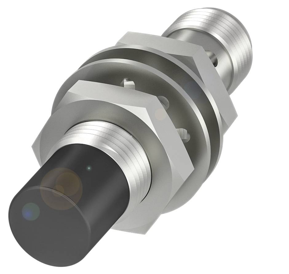 Een cilindrische naderingssensor van metaal met zwarte punt, gebruikt voor het detecteren van objecten zonder direct contact.