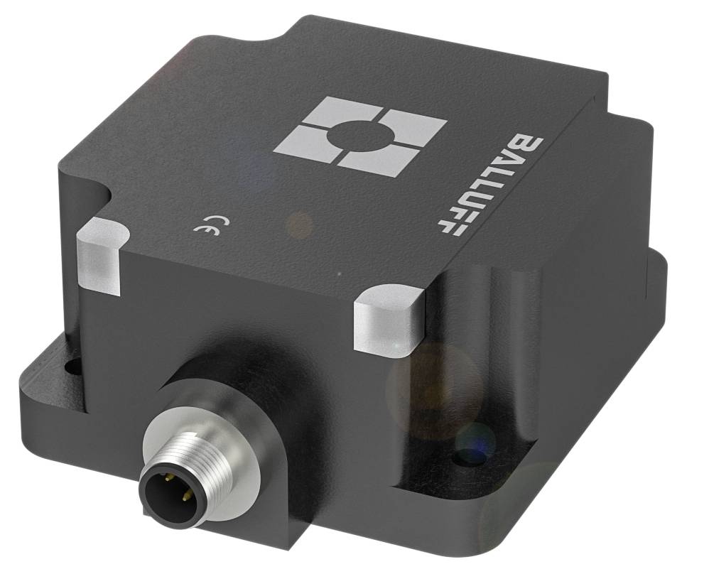 Zwarte sensor Baumer met rechthoekige behuizing en kabelaansluiting, voor industriële toepassingen voor nauwkeurige positiedetectie.