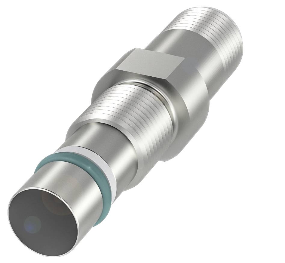 Metaalsensor met cilindrische behuizing en schroefdraad, geschikt voor industriële toepassingen.
