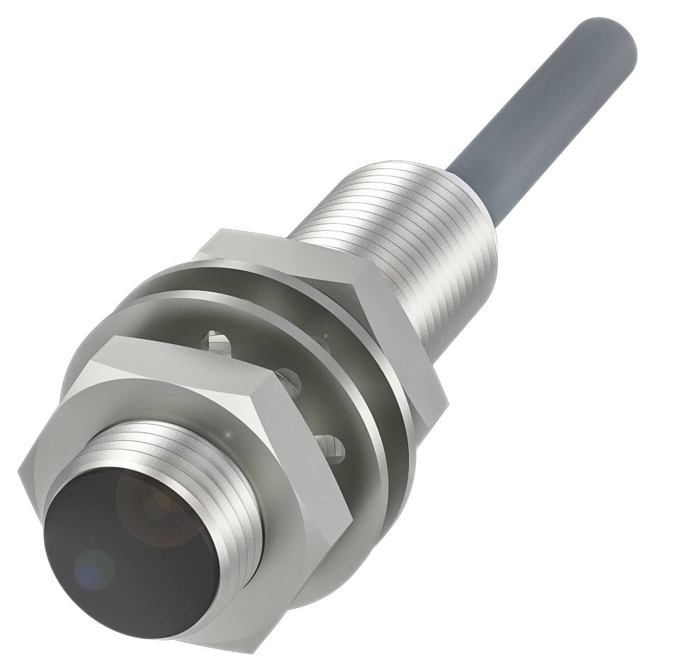 Een cilindrische naderingsensor van metaal met aansluitkabel, gebruikt voor contactloze detectie van objecten in industriële toepassingen.