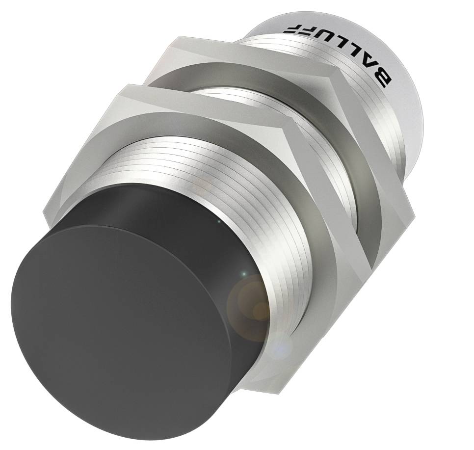 Een cilindrische sensor met zwarte voorkant en geschroefd metalen behuizing. Markering bovenaan: 'BALLUFF'.