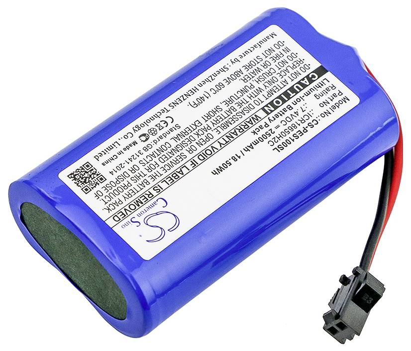 Blauwe lithium-ion accu met etiket; kabel met stekker. 3,7V, 4400mAh capaciteit.