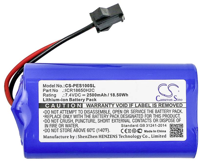 Lithium-ion batterij met blauwe behuizing, technische specificaties en waarschuwingen. Inclusief modelnummer en fabrikantgegevens.