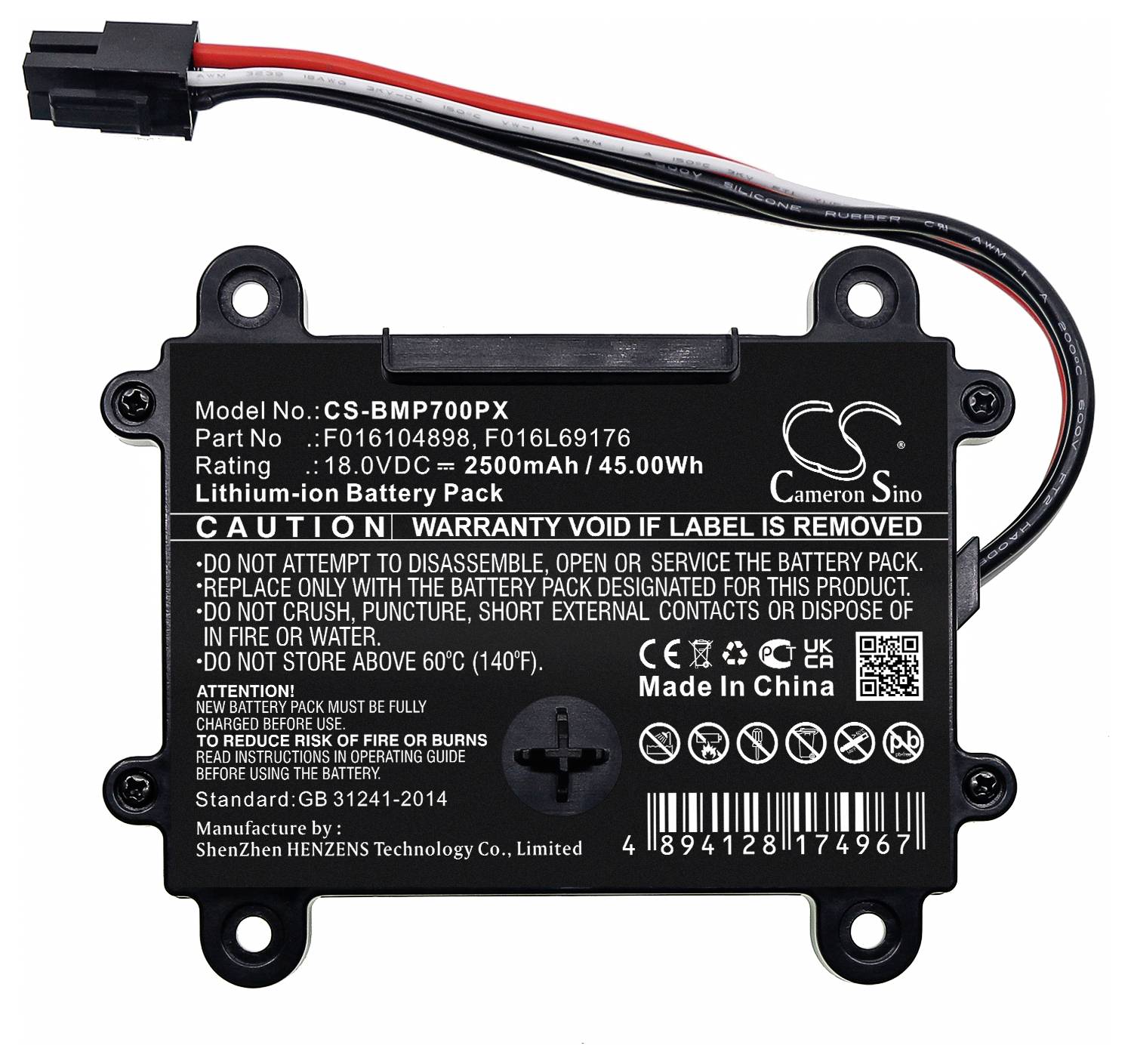 De accu is een lithium-ion batterijpakket met 18,0 VDC, 2500 mAh, 45 Wh. Waarschuwingen: Niet demonteren of verbranden, vermijd hoge temperaturen.