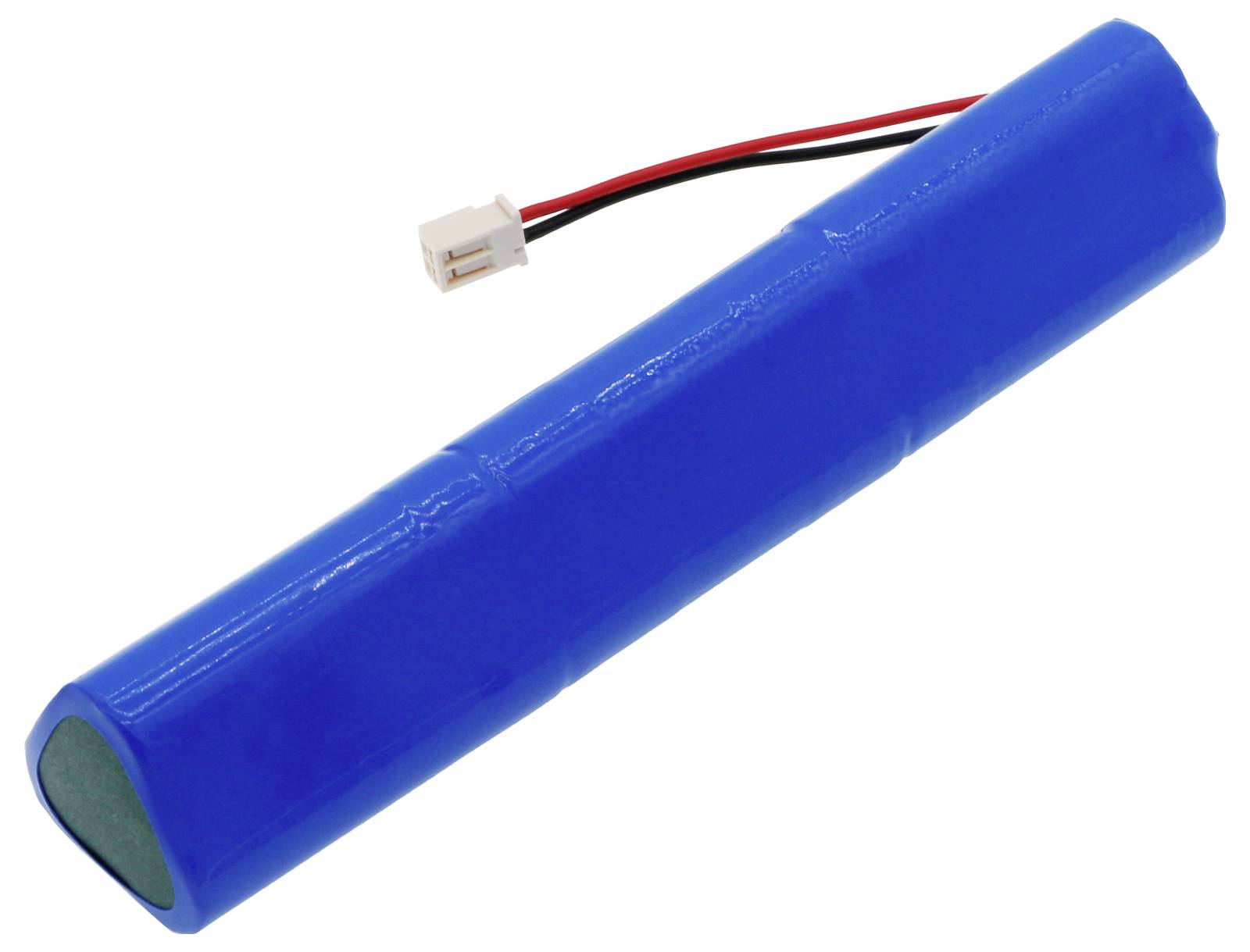 Blauwe cilindrische batterij met twee uitstekende kabels en een witte stekker, geïsoleerd op witte achtergrond.