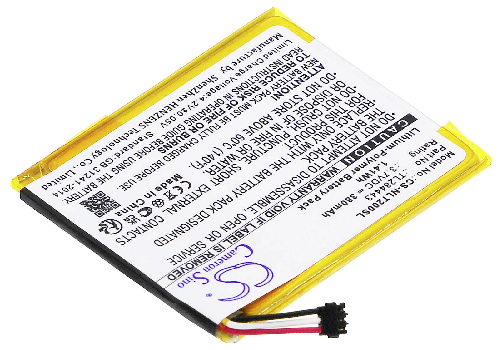 Lithium-polymeer accu met wit etiket, technische specificaties en waarschuwingen opgedrukt, kleine aansluiting met kabel.