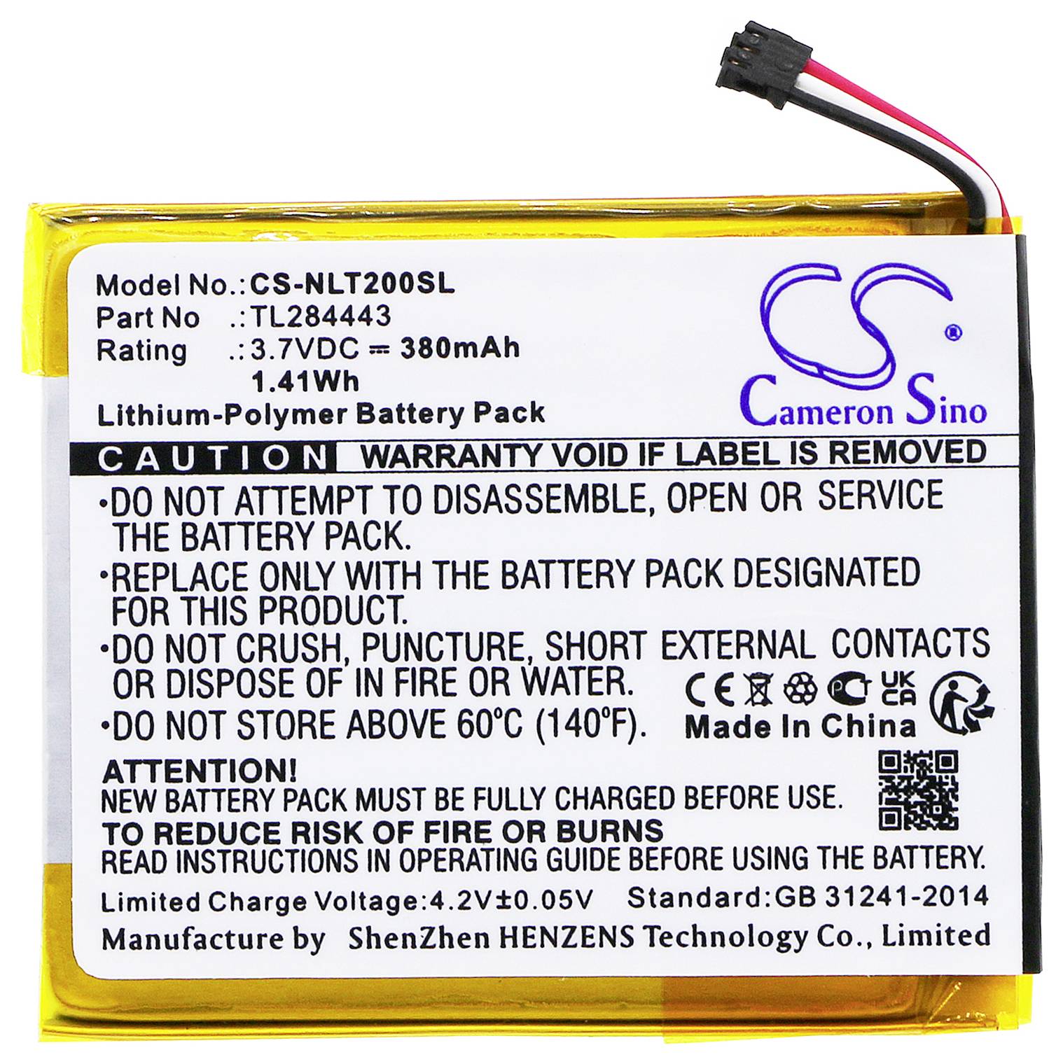 Een Lithium-Polymer-accu van Cameron Sino. Model: CS-NLT200SL. Spanning: 3,7V, capaciteit: 380mAh. Waarschuwingstekst voor veilig gebruik.