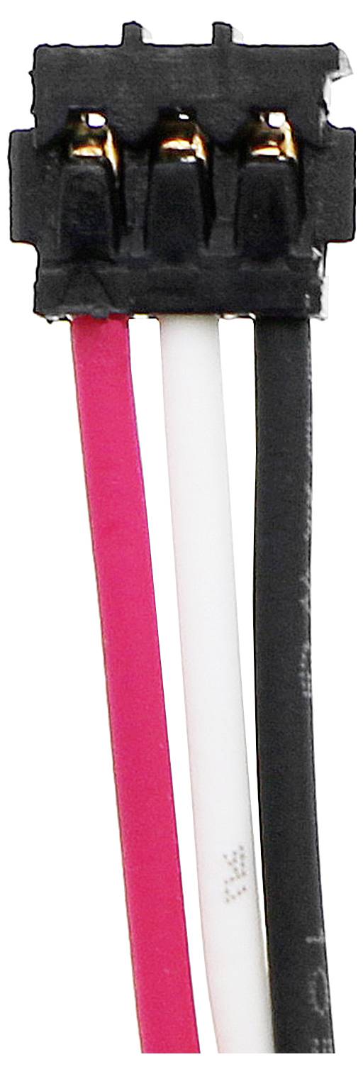 Drieaderige kabel met zwarte stekkerverbinding; rode, witte en zwarte draden; elektrische verbindingscomponent.