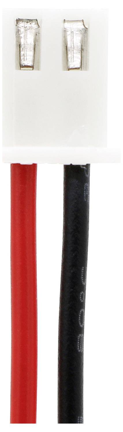 Close-up van een witte stekker met twee aansluitingen, verbonden met een rode en een zwarte kabel.