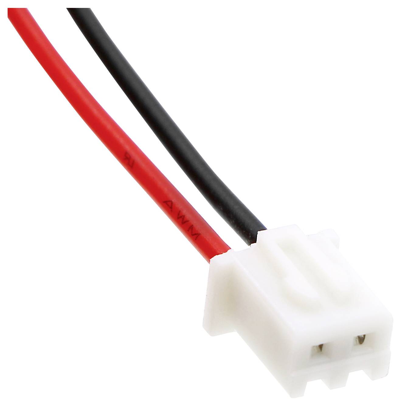 Tweeaderige kabel met rode en zwarte draad, verbonden met een witte kunststofstekker, typisch voor elektronische verbindingen.