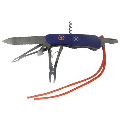 Een multitool-mes met een blauwe handgreep beschikt over een getande lemmet, een schaar en een kurkentrekker. Er is een oranje lanyard bevestigd aan de handgreep.